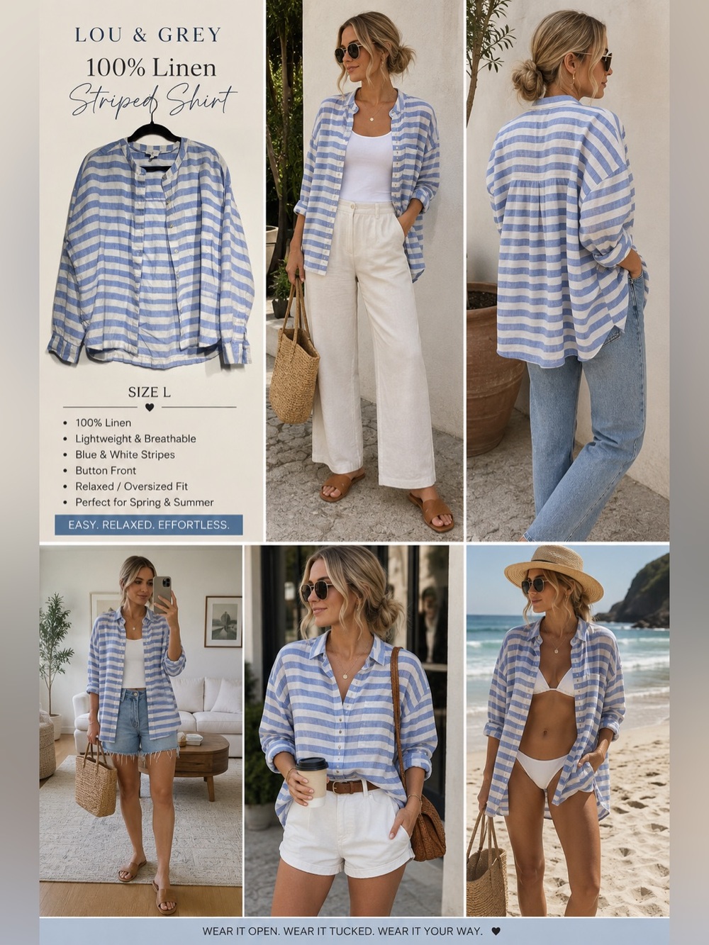 Lou & Grey 100% Linen Blue White Striped Button Down Shirt Size L